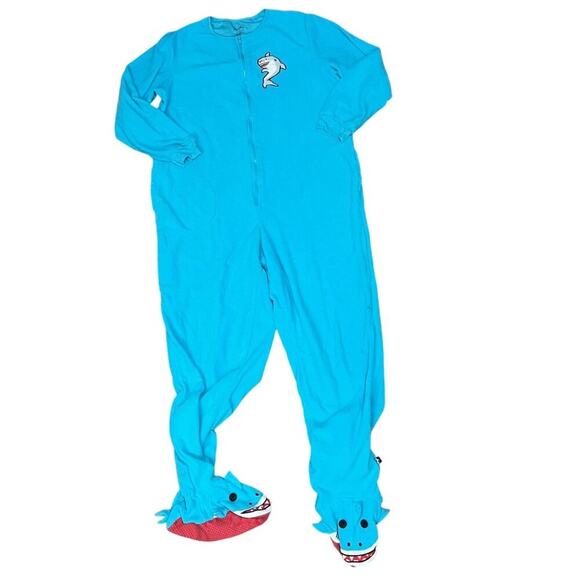 NICK & NORA Blue Fleece Shark One Piece Sleepwear Footed Pajamas Adult Xlarge - Picture 1 of 6